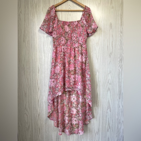 Womens As U Wish Pink Floral Ruched Chiffon Playful  High Low Dress - Sz L EUC - Picture 1 of 6